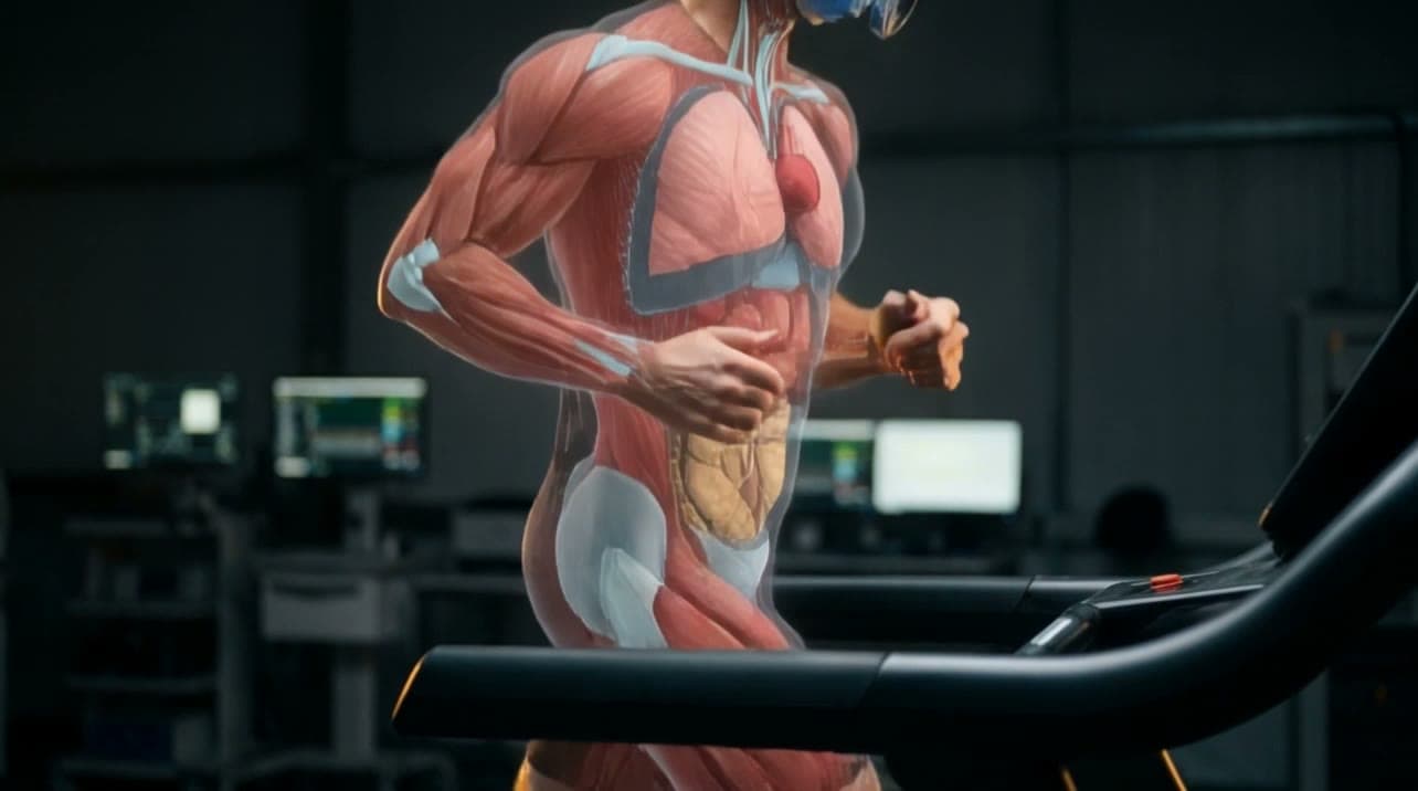 Coureur sur tapis dont le corps est décomposé pour révéler la musculature